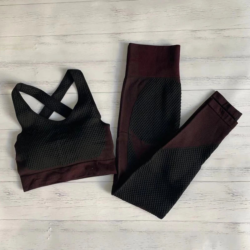Conjunto de fitness feminino sem costura: camisa de manga comprida, sutiã esportivo e leggings de cintura alta