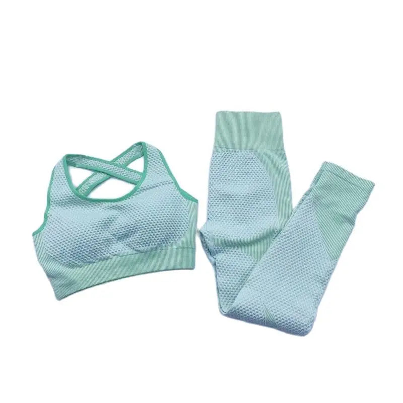 Conjunto de fitness feminino sem costura: camisa de manga comprida, sutiã esportivo e leggings de cintura alta