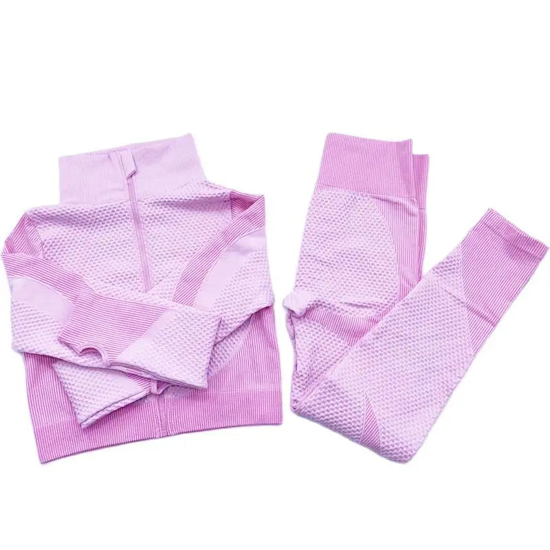 Conjunto de fitness feminino sem costura: camisa de manga comprida, sutiã esportivo e leggings de cintura alta