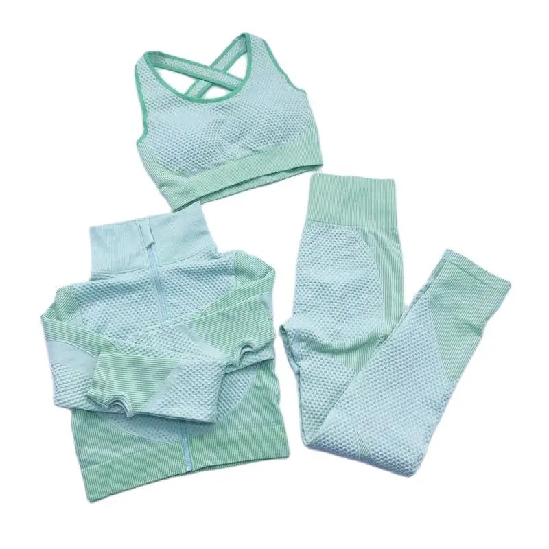 Conjunto de fitness feminino sem costura: camisa de manga comprida, sutiã esportivo e leggings de cintura alta