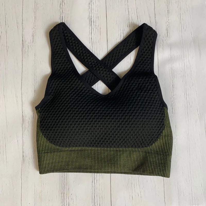Conjunto de fitness feminino sem costura: camisa de manga comprida, sutiã esportivo e leggings de cintura alta