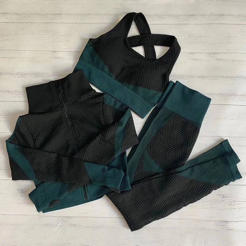 Conjunto de fitness feminino sem costura: camisa de manga comprida, sutiã esportivo e leggings de cintura alta