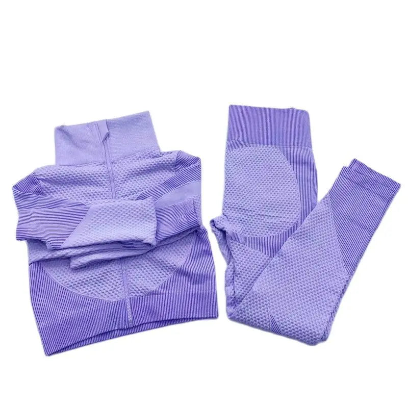 Conjunto de fitness feminino sem costura: camisa de manga comprida, sutiã esportivo e leggings de cintura alta