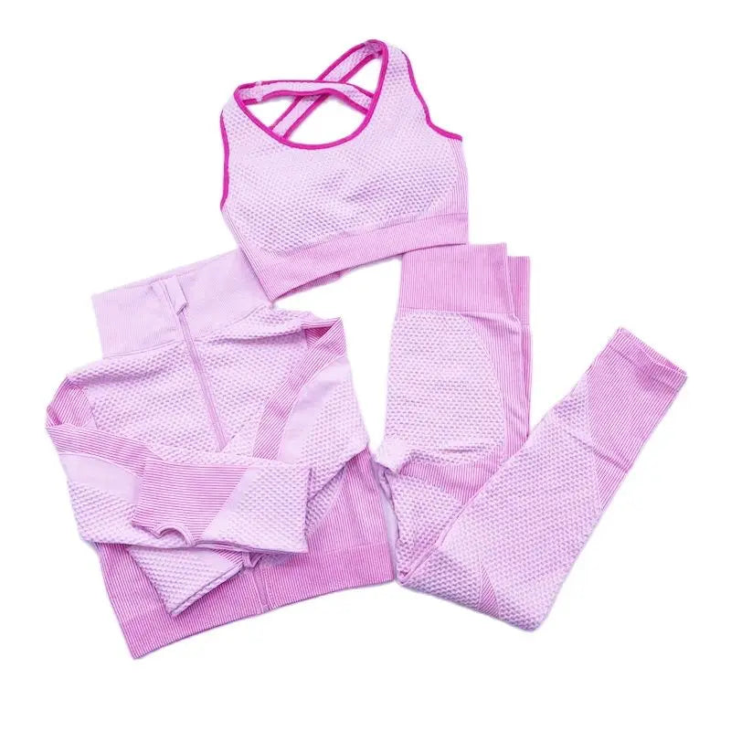 Conjunto de fitness feminino sem costura: camisa de manga comprida, sutiã esportivo e leggings de cintura alta