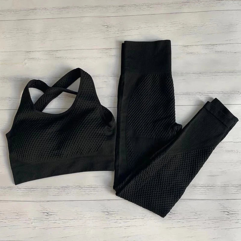Conjunto de fitness feminino sem costura: camisa de manga comprida, sutiã esportivo e leggings de cintura alta