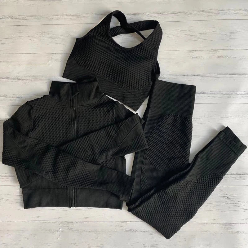 Conjunto de fitness feminino sem costura: camisa de manga comprida, sutiã esportivo e leggings de cintura alta