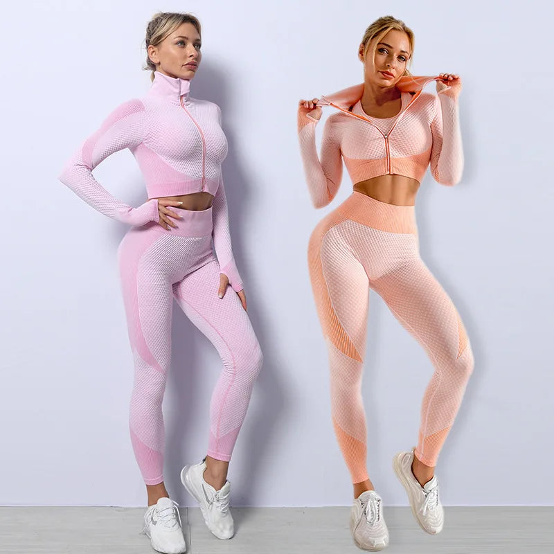 Conjunto de fitness feminino sem costura: camisa de manga comprida, sutiã esportivo e leggings de cintura alta