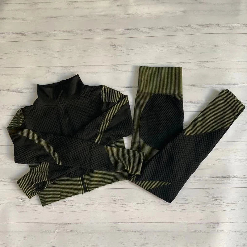 Conjunto de fitness feminino sem costura: camisa de manga comprida, sutiã esportivo e leggings de cintura alta