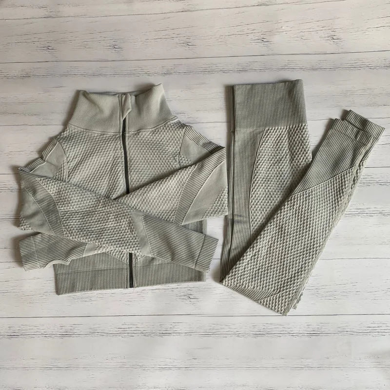 Conjunto de fitness feminino sem costura: camisa de manga comprida, sutiã esportivo e leggings de cintura alta