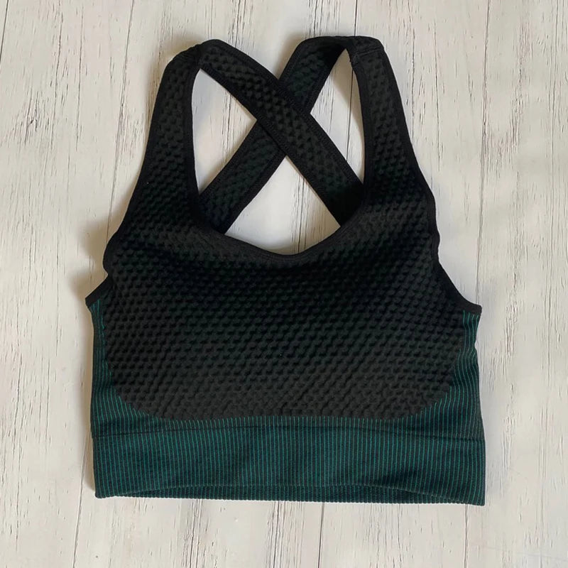 Conjunto de fitness feminino sem costura: camisa de manga comprida, sutiã esportivo e leggings de cintura alta