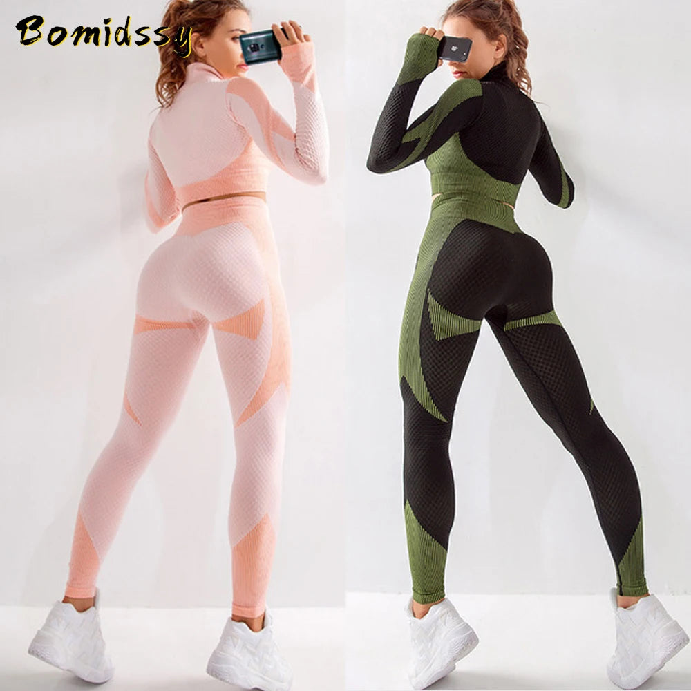 Conjunto de fitness feminino sem costura: camisa de manga comprida, sutiã esportivo e leggings de cintura alta