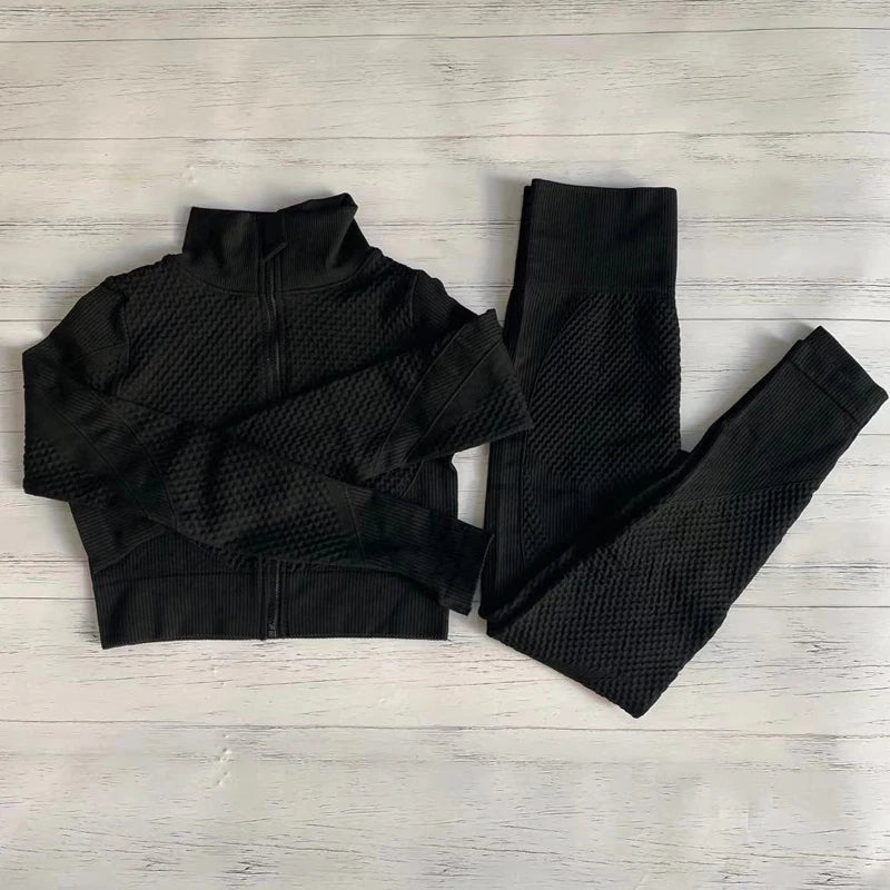Conjunto de fitness feminino sem costura: camisa de manga comprida, sutiã esportivo e leggings de cintura alta