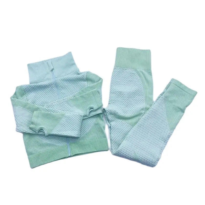 Conjunto de fitness feminino sem costura: camisa de manga comprida, sutiã esportivo e leggings de cintura alta