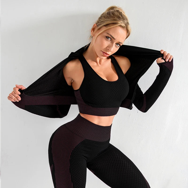 Conjunto de fitness feminino sem costura: camisa de manga comprida, sutiã esportivo e leggings de cintura alta