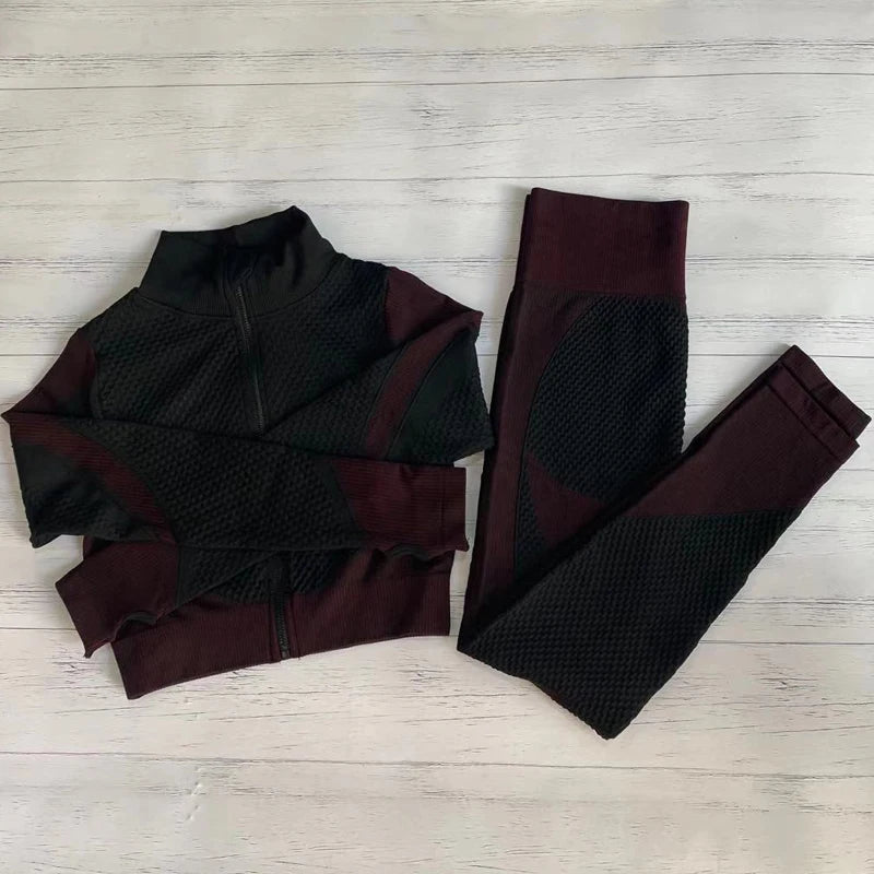 Conjunto de fitness feminino sem costura: camisa de manga comprida, sutiã esportivo e leggings de cintura alta