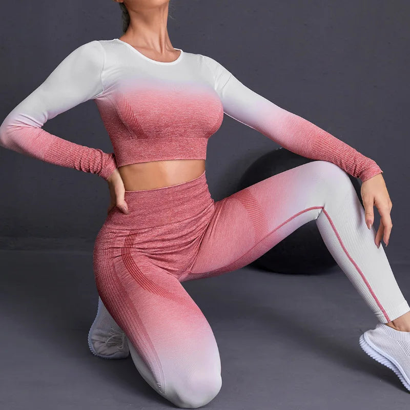 Conjunto de ioga sem costura: leggings de cintura alta com elevação do quadril e blusa de manga comprida para mulheres
