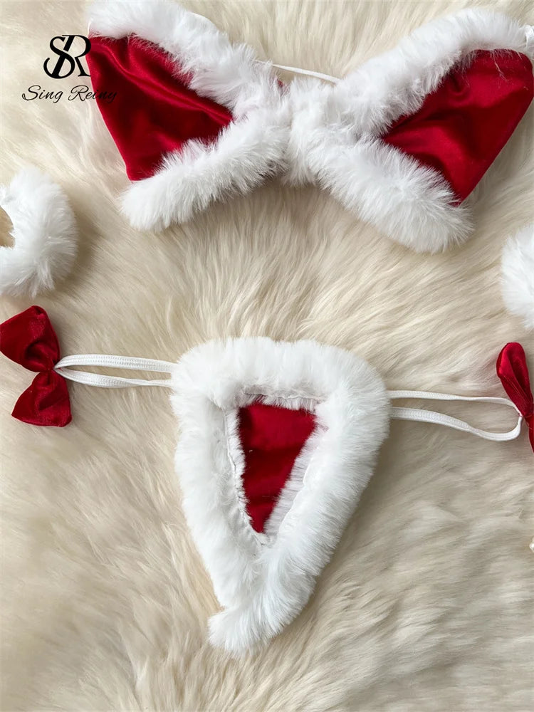 SINGREINY Cosplay Rabbit Girl Uniform Suits Women Spliced Plush Slim Sleepwear Fashion Erotic Lingerie Female Bra&Briefs Sets