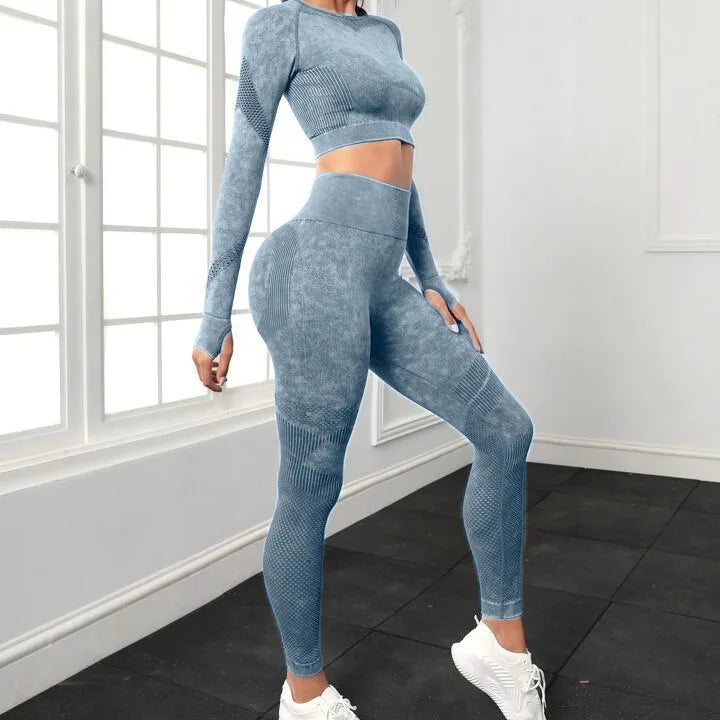 Conjunto de ioga sem costura: leggings de cintura alta e top curto de manga comprida para mulheres