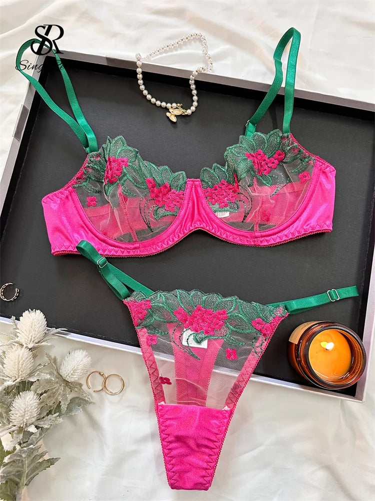 SINGREINY Sensual Gauze Sheer Underwear Sets Ladies Embroidery Slim Lingerie Women Transparent Spliced Erotic Bra&Briefs Suits