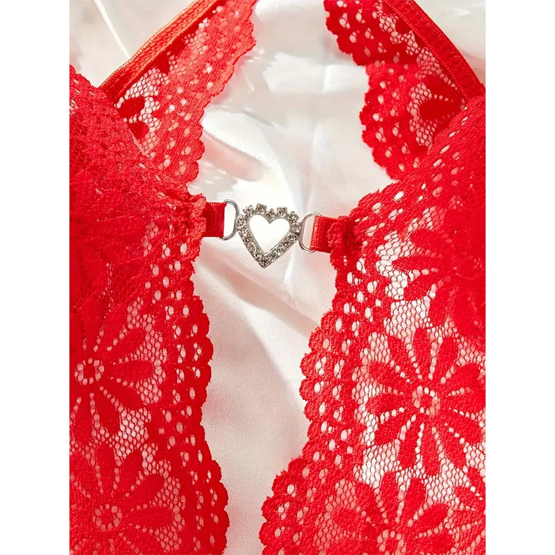Exquisite Floral Lace Teddy: Scallop Trim, Criss-Cross Back, and Open Crotch