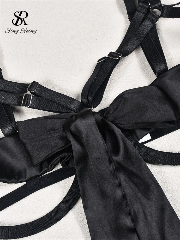 SINGREINY Porno Satin Hollow Out Bra&Brief Suits Fashion Bandage Spliced Slim Sleepwear Women Lace Up Skinny Sexy Underwear Sets