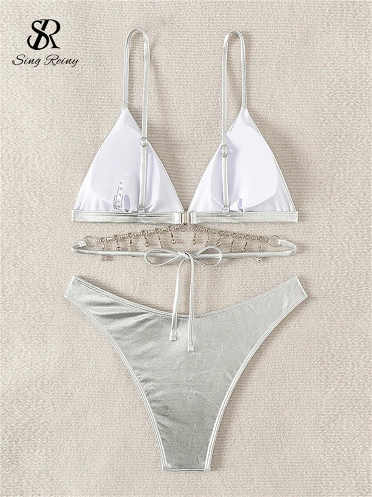 SINGREINY Fashion Women Beach Sexy Swimsuits Sets 2024 Backless Sensual Lingerie Tassel Diamond Sheath Bikini Underwear Suits