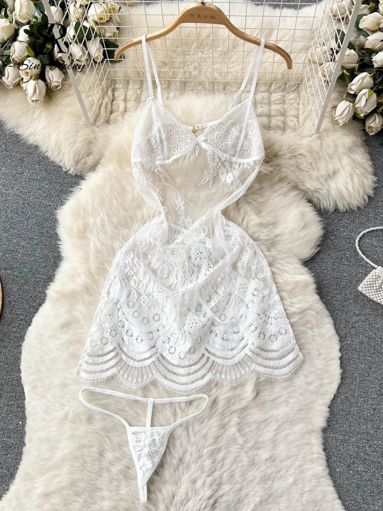 SINGREINY Ruffles Sensual Sheer Camis Night Dress Summer Straps Sleeveless Short Dress Embroidery Hollow Out Sexy Lace Pajamas