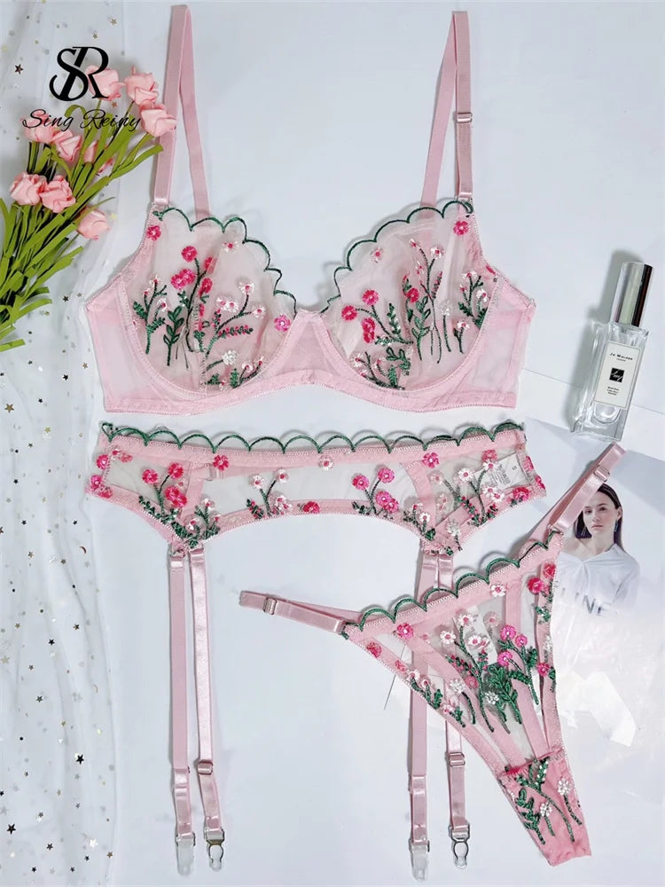 SINGREINY Floral Lace Sexy Bra&Briefs Suits Fashion Embroidery Straps Backless Porno Shapewear Women Sheer Erotic Underwear Suit