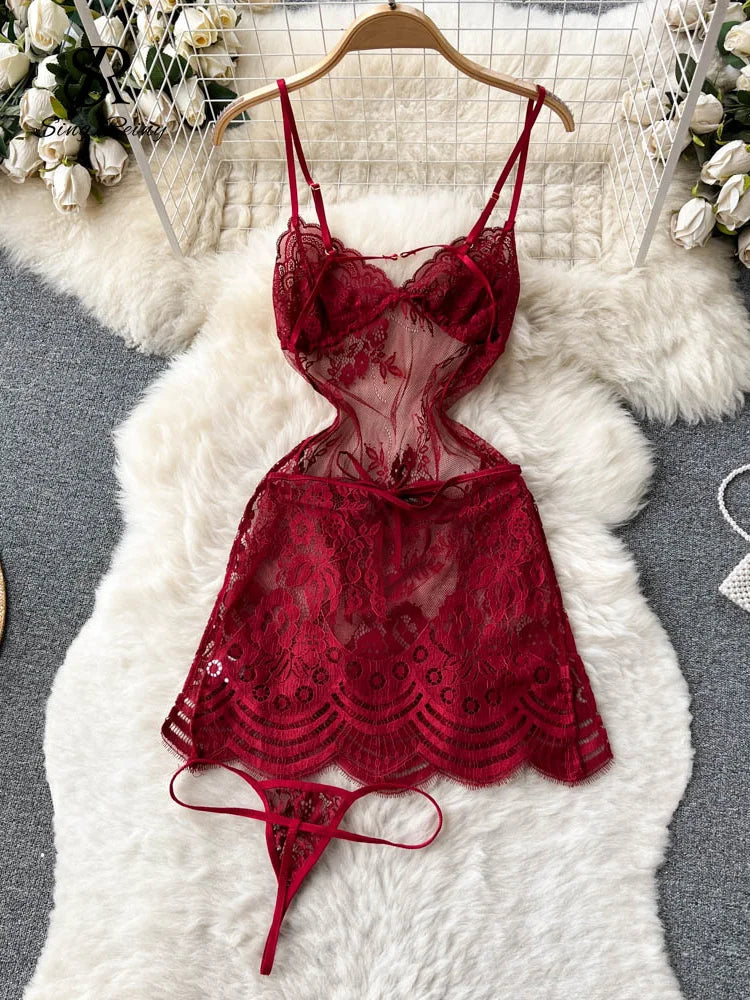 SINGREINY Ruffles Sensual Sheer Camis Night Dress Summer Straps Sleeveless Short Dress Embroidery Hollow Out Sexy Lace Pajamas