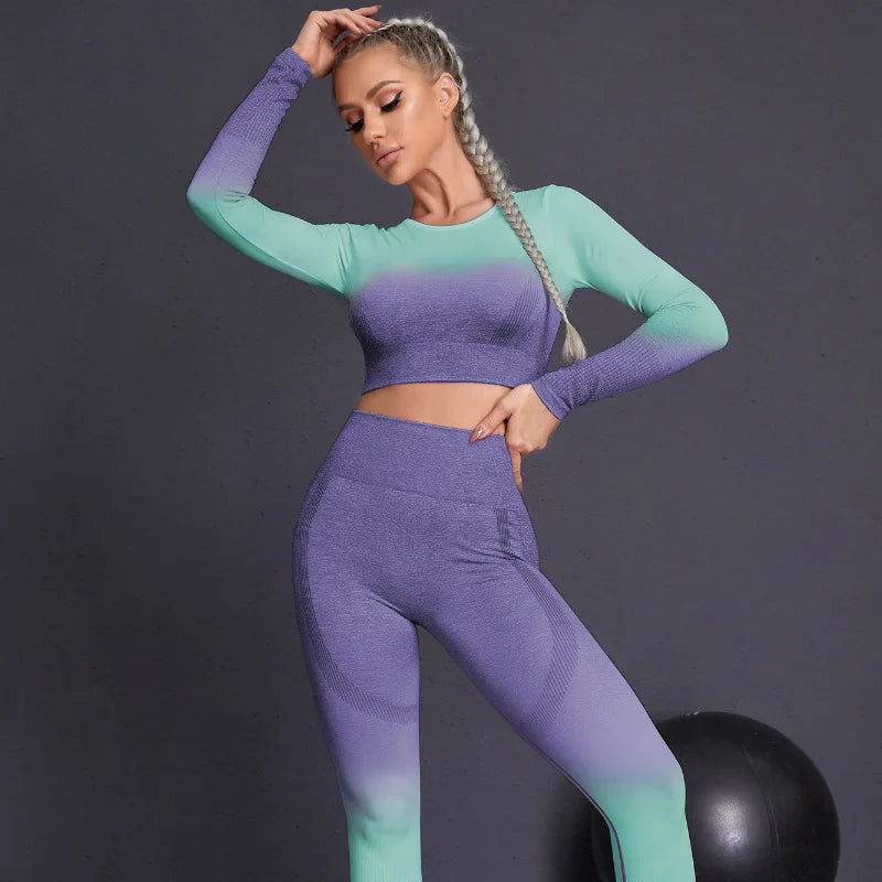 Conjunto de ioga sem costura: leggings de cintura alta com elevação do quadril e blusa de manga comprida para mulheres