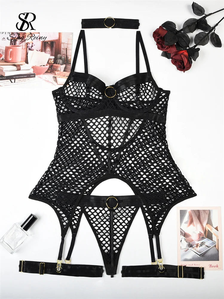 SINGREINY Women Mesh Transparent Erotic Underwear Suits Fashion Strapless Backless Slim Shapewear Sheer Sexy Two Pieces Sets