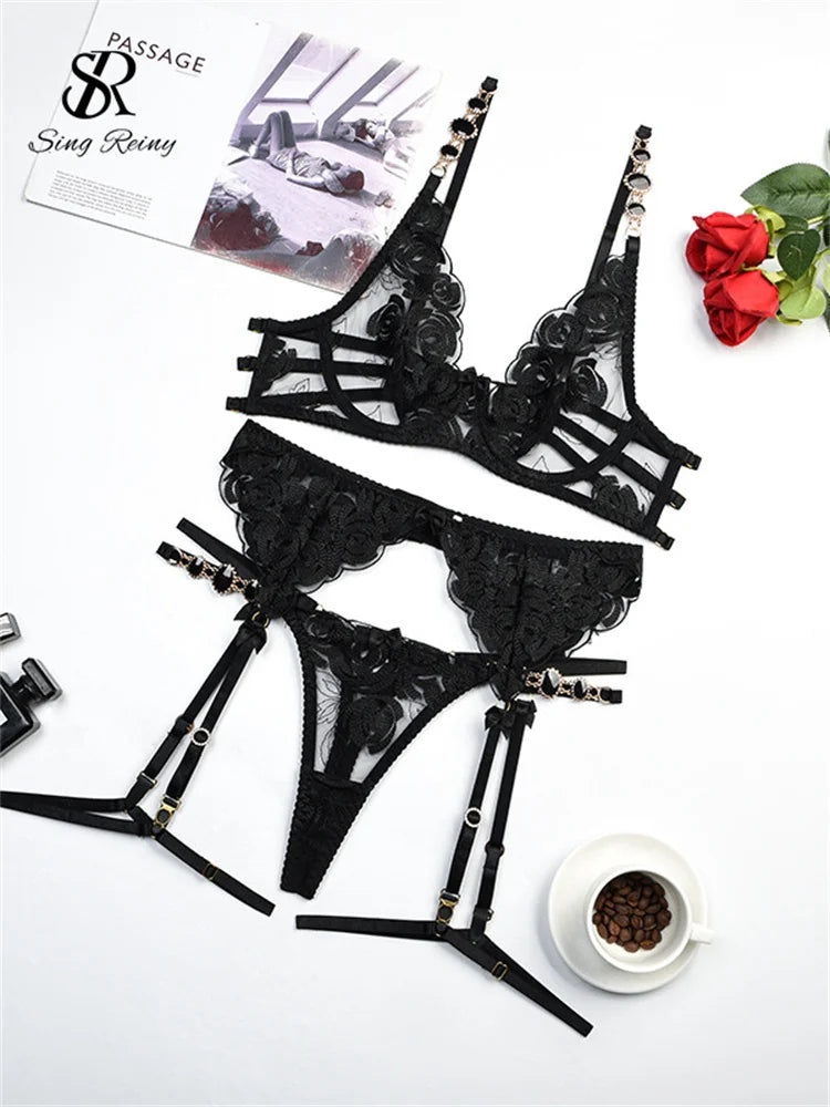 SINGREINY Retro Porno Corset Sexy 3 Pieces Sets Ladies Sheer Backless Bodycon Lingerie Fashion Solid Erotic Underwear Suits