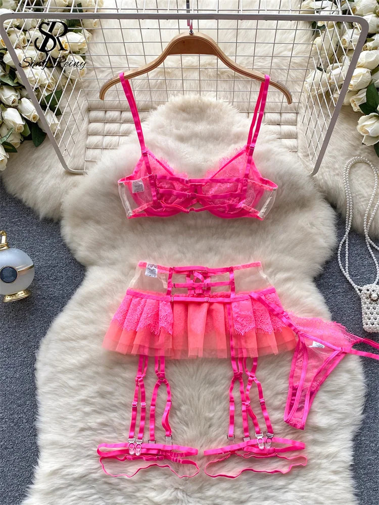 SINGREINY High Quality Mesh Erotic Lingerie Sets Camis Strapless Slim Sleepwear Women Porno Ruffles Sheath Sexy Underwear Suits