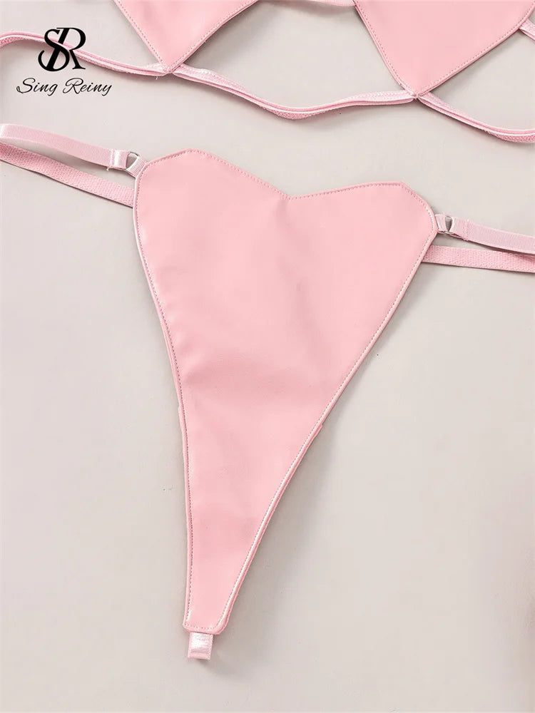 SINGREINY Fashion PU Solid Erotic Underwear Sets 2024 Love Lace Up Top+Mini Briefs Set Female Leather Sensual Lingerie Suits