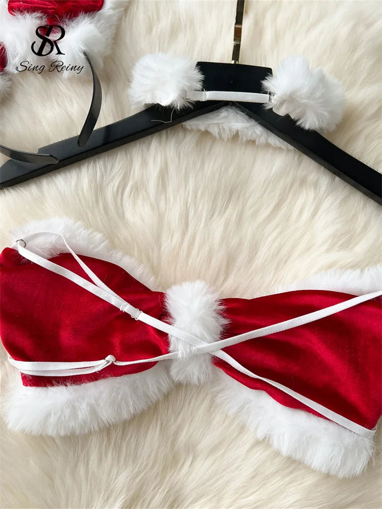 SINGREINY Cosplay Rabbit Girl Uniform Suits Women Spliced Plush Slim Sleepwear Fashion Erotic Lingerie Female Bra&Briefs Sets