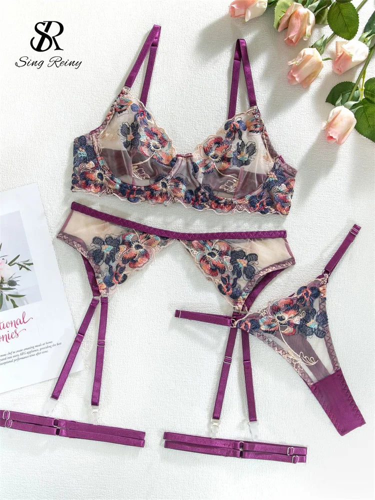 SINGREINY Floral Embroidery Sexy 4 Pieces Suits Ladies Bodycon Sheer Shapewear Strapless Club Erotic Lingerie Underwear Sets