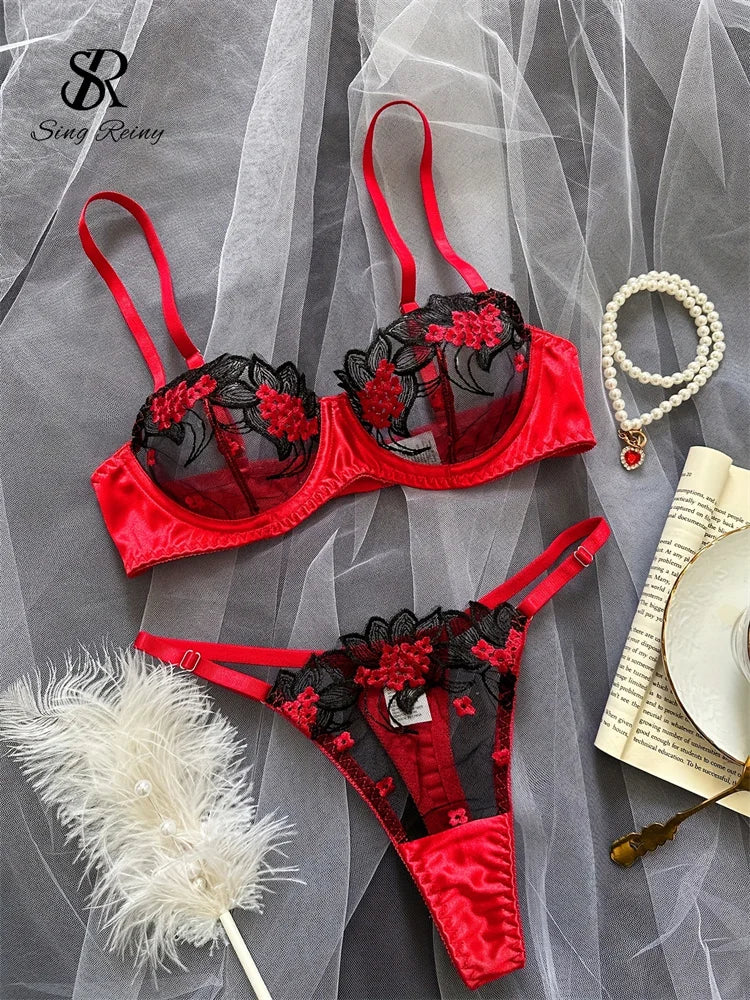 SINGREINY Sensual Gauze Sheer Underwear Sets Ladies Embroidery Slim Lingerie Women Transparent Spliced Erotic Bra&Briefs Suits