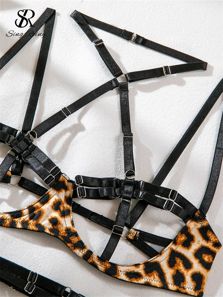 Singiny porno leopardo sexualidade conjuntos de roupa interior 2024 senhoras bandagem lingerie magro oco para fora espartilho feminino sutiã erótico & briefs