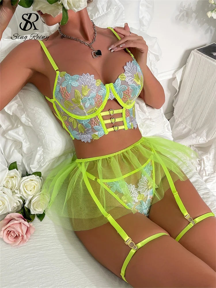 SINGREINY Floarl Embroidery Women Sensual Underwear Sets 2024 Transparent Slim Shapewear Female Gauze Lace Porno Lingerie Suits
