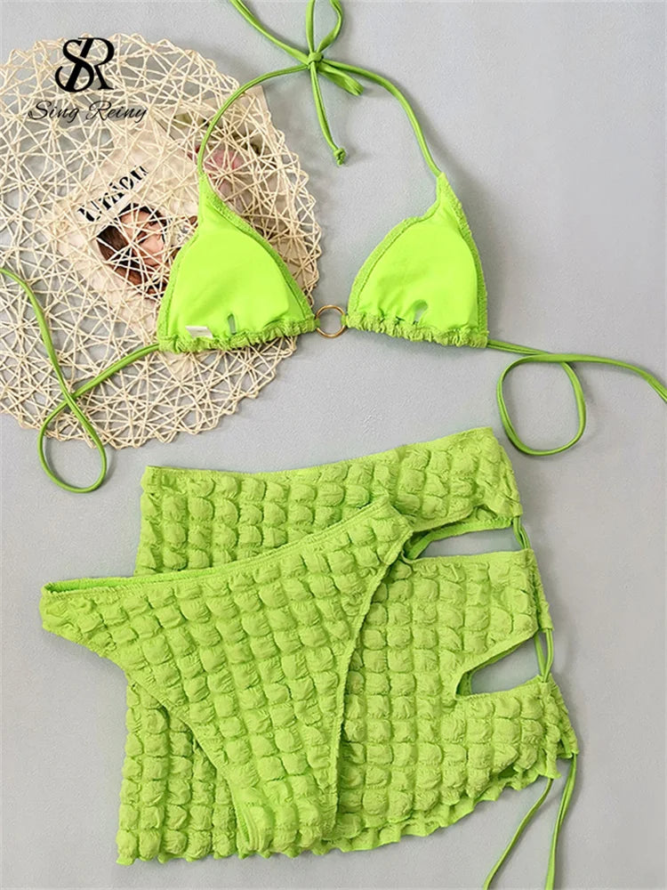 SINGREINY Female Vacation Style Sensual Bikini 3 Pieces Suits Fashion Lace-up Lingerie Women Irregular Underwear Suimsuits Sets