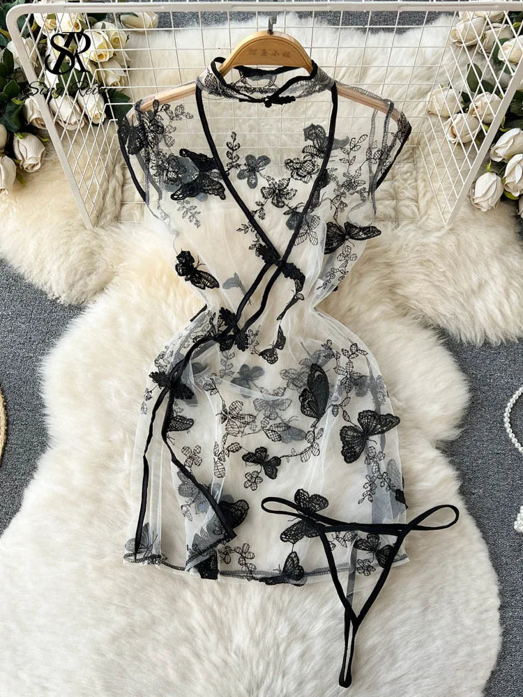 SINGREINY Mesh Sheer Sexy Night Dress Women Hollow Out Split Retro Underwear Embroidery Cheongsam Summer Sheath Erotic Pajamas