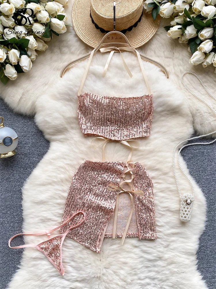 SINGREINY Sequins Erotic Sexy Suits Female Halter Mini Camis Lace Up Split Short Skirt Backless Slim Lingerie Club 2 Pieces Sets