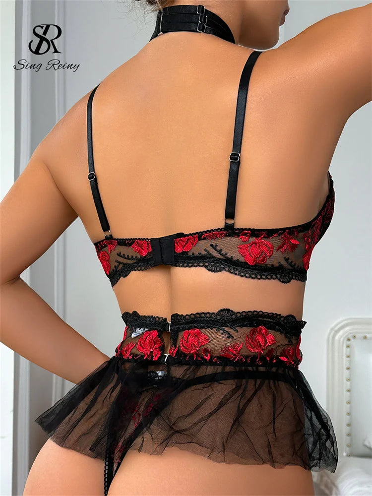 SINGREINY Lace Halter Print Sheer Porno Underwear Sets Embroidery Club Sleepwear Female Lingerie Ruffles Sexy Bra&Briefs Suits