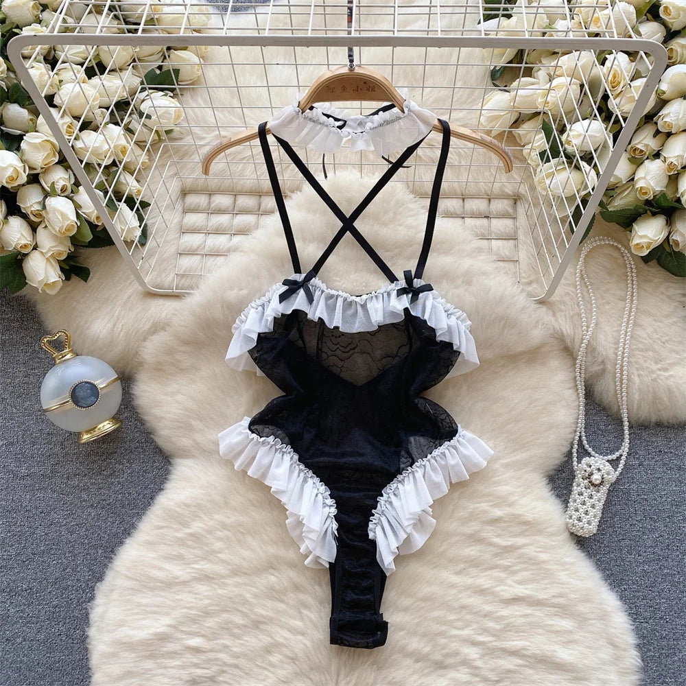 Women's Sexy Transparent Sailor Student Uniform Cosplay Costume with Sheer Bowknot Stripe Patchwork Top + Mini Skirt 2-Piece Set