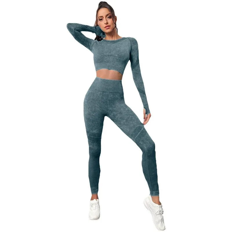 Conjunto de ioga sem costura: leggings de cintura alta e top curto de manga comprida para mulheres