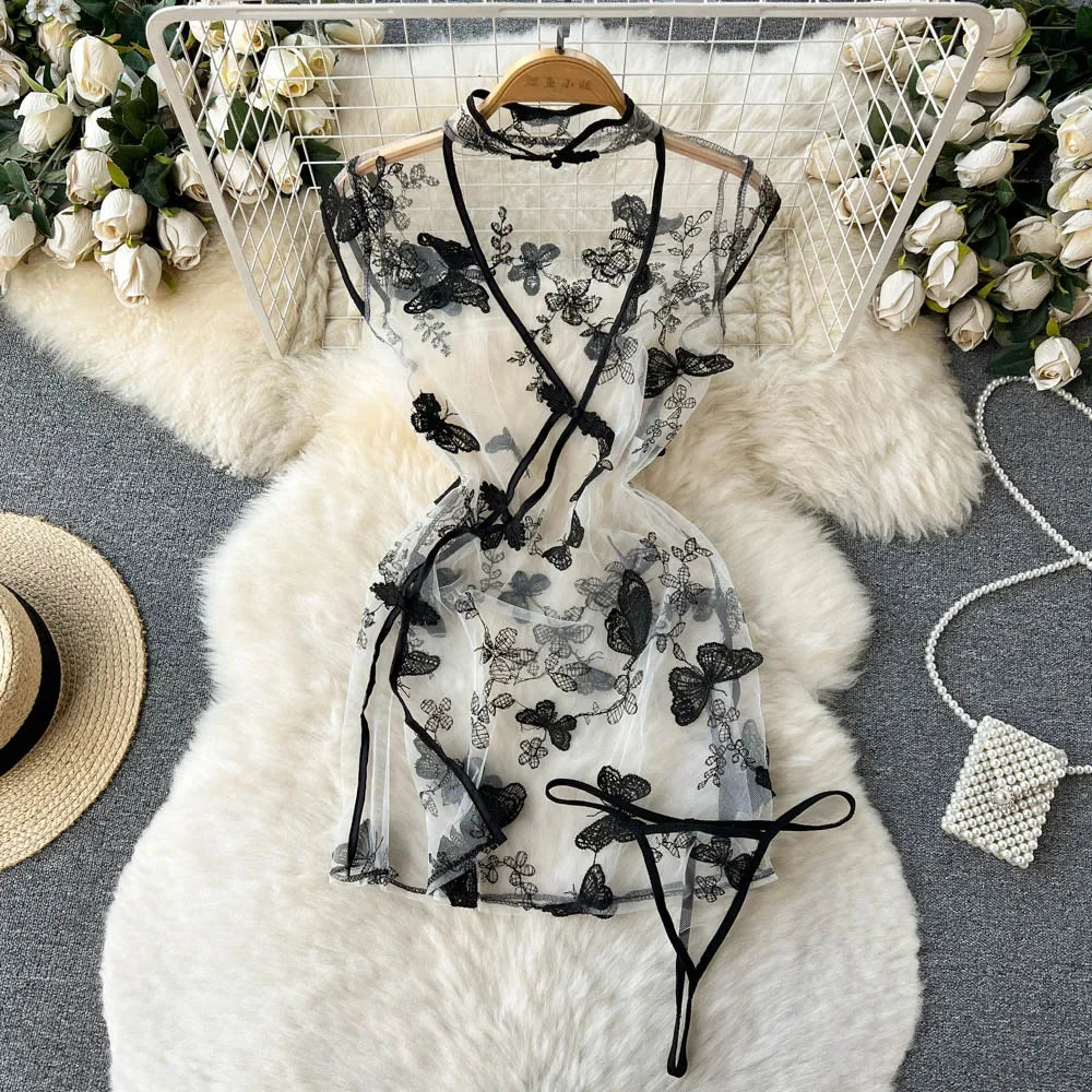 Women's Sexy Transparent Sailor Student Uniform Cosplay Costume with Sheer Bowknot Stripe Patchwork Top + Mini Skirt 2-Piece Set