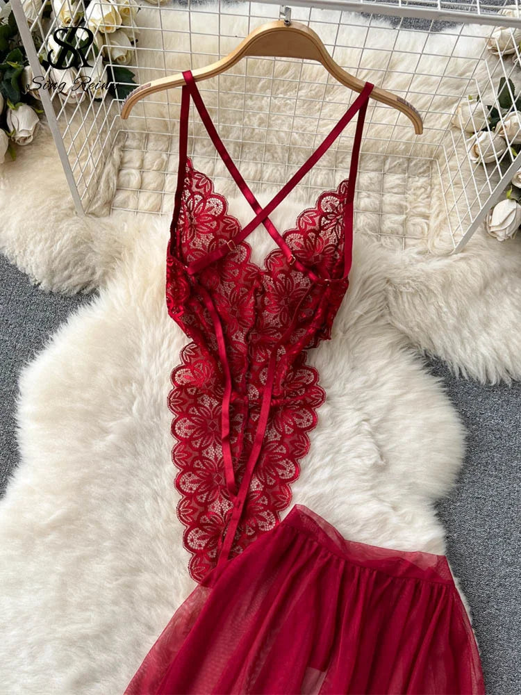 SINGREINY Lace Sensual Erotic Two Pieces Suits Camis Short Bodysuits Tops+Midi Long Mesh Chiffon Skirts Women Underwear Sets