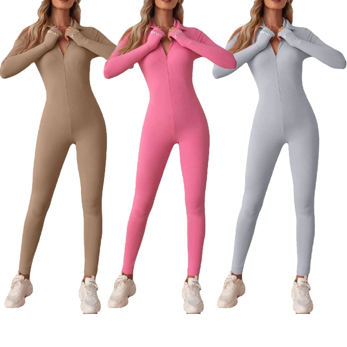 SlimFlex Yoga Jumpsuit - Solid Color Long Sleeve Zipper Bodysuit for Sports and Fitness