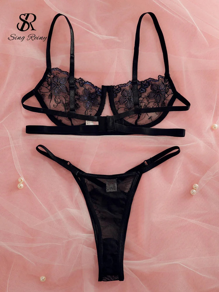 SINGREINY Sheer Floral Sensual Underwear Sets Embroidery Strapless Sheath Corset Lingerie Backless Women Erotic 2 Pieces Sets