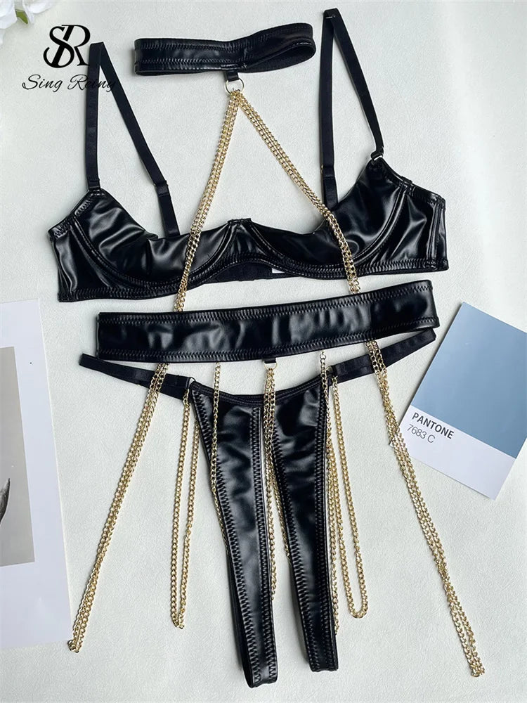 SINGREINY Women Chain Erotic Bra&Briefs Sets Sheath Hollow Out Halter Lingerie Fashion Solid Sensual Shapewear Underwear Suits